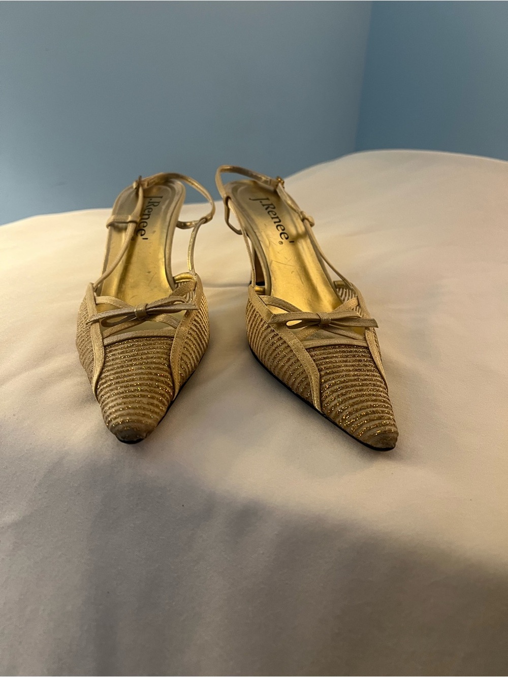 J.Renee Gold Pointed Slingback Heels with Bow